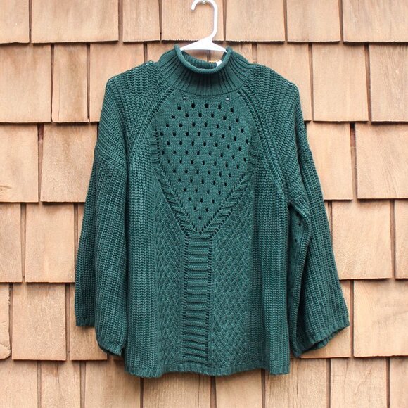New W/ Tags One A Forest Green Mock Turtle Neck Sweater Knit Wide Sleeves Large - Picture 2 of 6